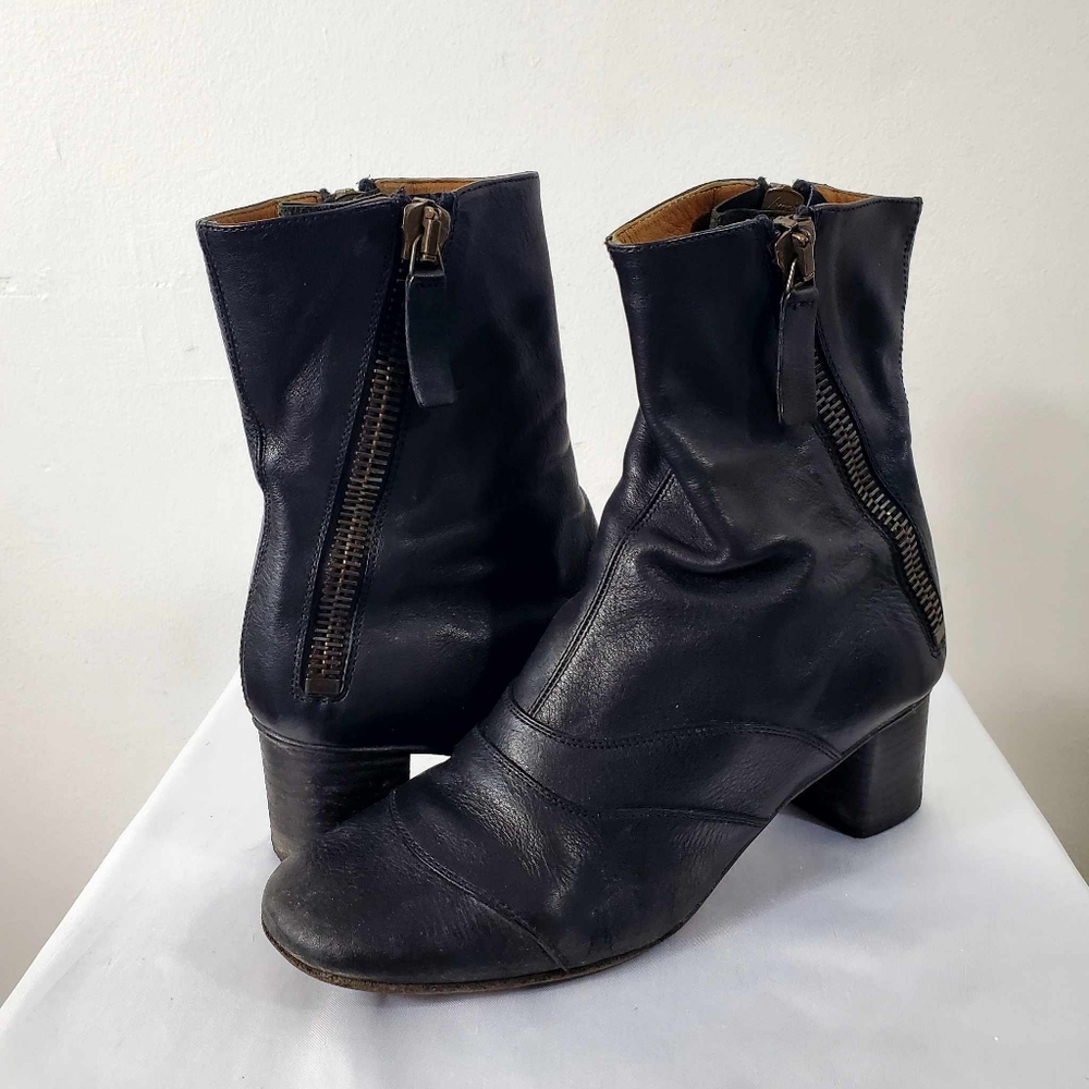 Chloe Black Leather Block Heel Round Toe Ankle Zip Short Boots Size 39